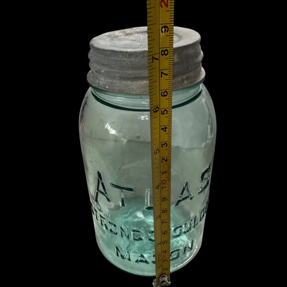 Vintage Atlas Strong Shoulder Mason Blue Glass Quart  Jar zinc lid FLAW Bubble - Picture 7 of 7